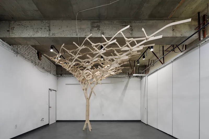 Free-standing timber canopy structure with radiating lattice branches in a white-walled gallery under an exposed concrete ceiling