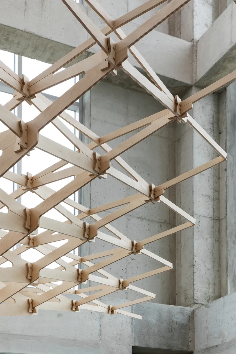 Close-up of the interlocking timber joinery connecting diagonal members in the branching lattice canopy