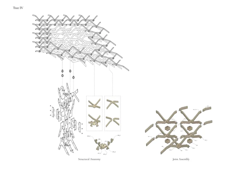 Exploded axonometric drawing illustrating structural layers and joint assembly of a branching timber canopy