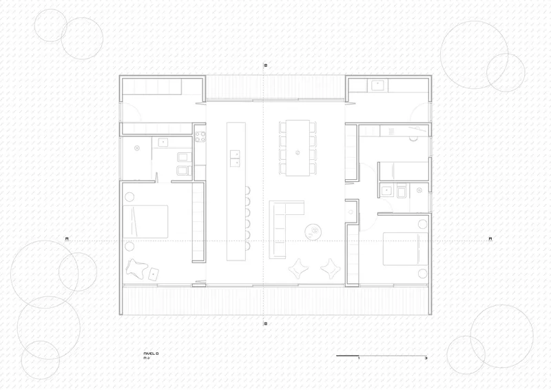 Floor plan drawing showing rectangular layout with central living area and bedrooms at each end