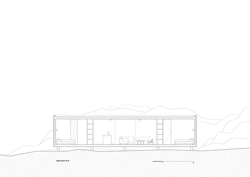 Section drawing showing single-story volume with flat roof embedded in sloping terrain