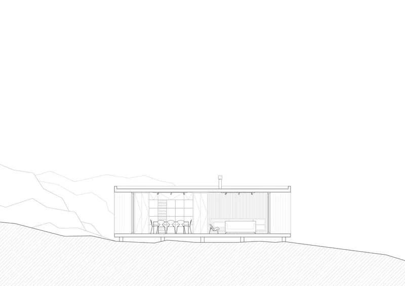 Elevation drawing showing glazed facade with deck and corrugated wall panel against hillside contours