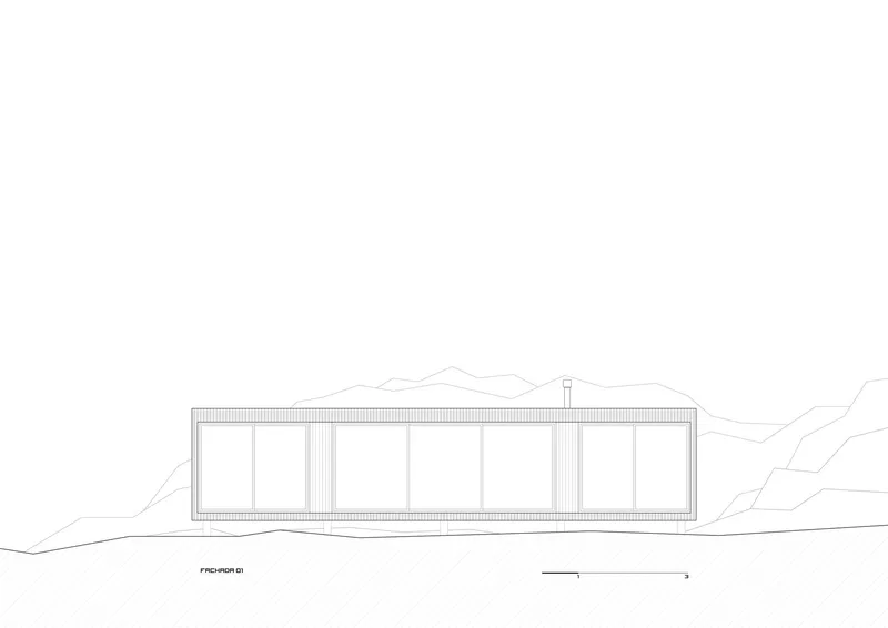 Elevation drawing showing long glazed facade with vertical corrugated cladding and chimney element