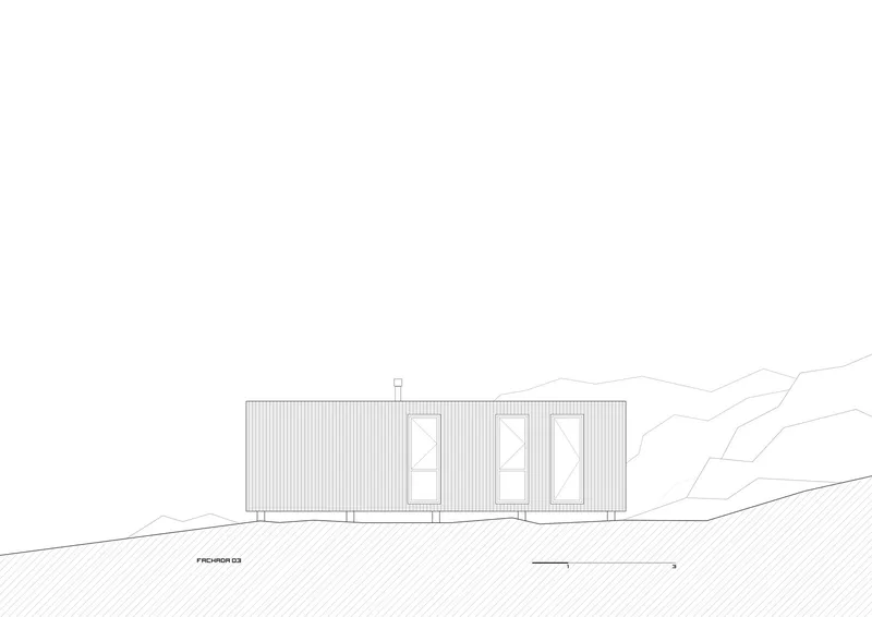 Elevation drawing showing a linear volume with vertical cladding and three glazed openings on sloped terrain