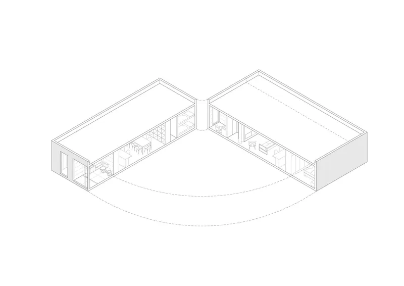 Axonometric drawing revealing two intersecting volumes with interior partitions and pitched roofs