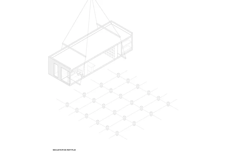 Exploded axonometric diagram illustrating the roof structure separating from the modular base and foundation grid