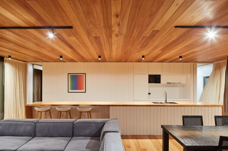 Open-plan living space with radiating timber-lined ceiling and integrated kitchen counter under track lighting