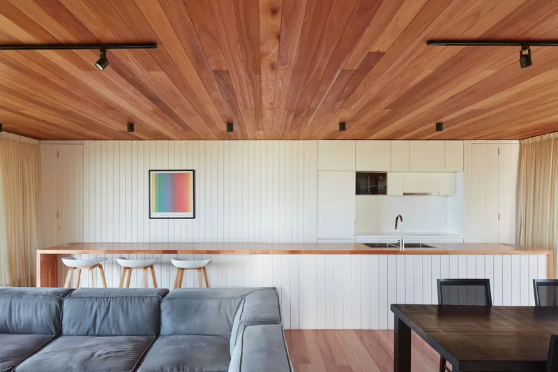 Living area with vertical-panelled kitchen wall beneath a radiating timber ceiling with black track rails