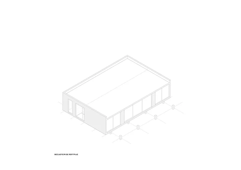 Isometric drawing showing a rectangular volume with glazed facades on two elevations