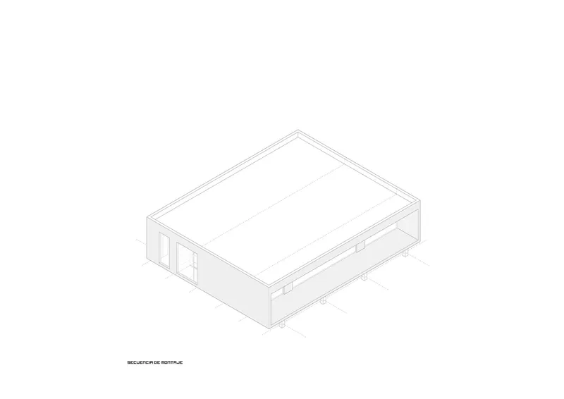 Isometric drawing showing a rectangular volume with an extended deck platform on one side