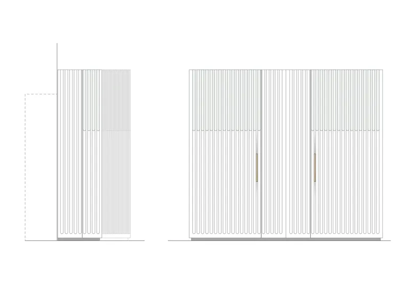 Elevation drawing showing vertical ribbed panels of confessional booth in closed and open configurations