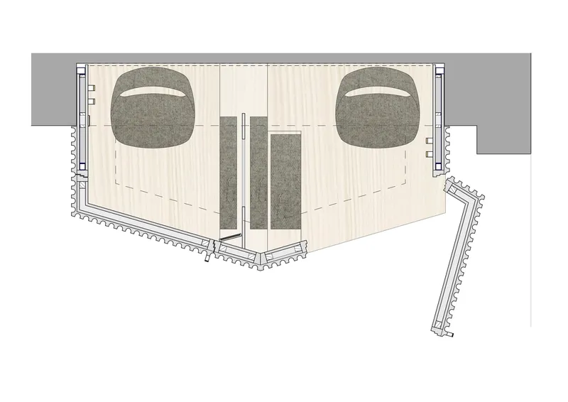 Floor plan drawing with axonometric detail of the confessional booth structure and stepped threshold