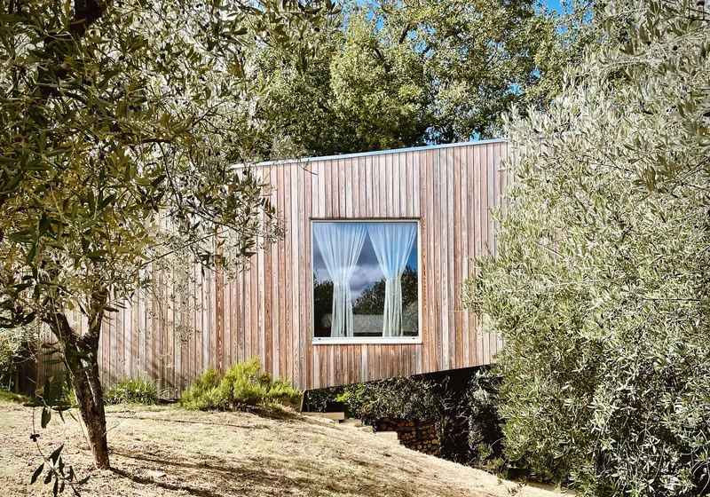 Vertical timber-clad facade with a single window framed by olive trees under a clear sky