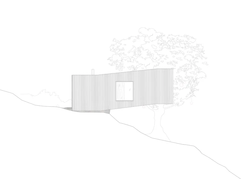 Elevation drawing showing the vertically clad volume on a sloped terrain with a tree