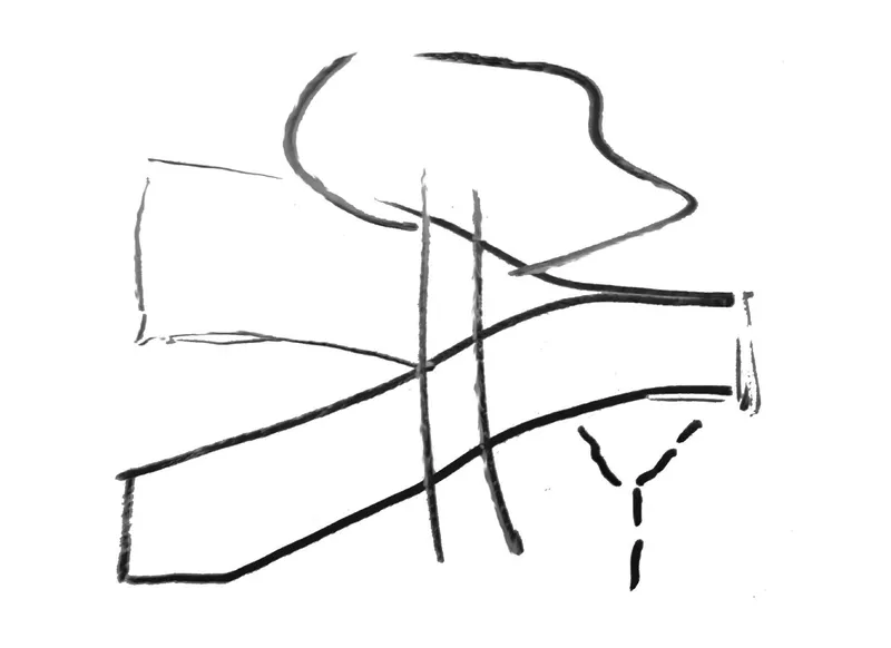 Sketch showing plan view of three converging volumes and circulation paths