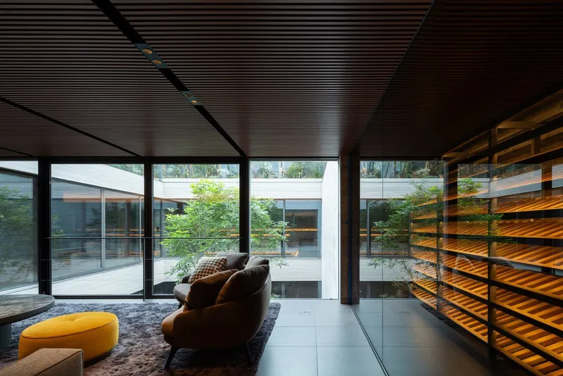 Living space with slatted ceiling, floor-to-ceiling glazing overlooking internal courtyard with planted trees
