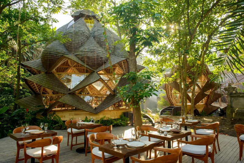 Outdoor dining terrace with timber furniture beneath a geometric timber framework and clustered domes in morning light