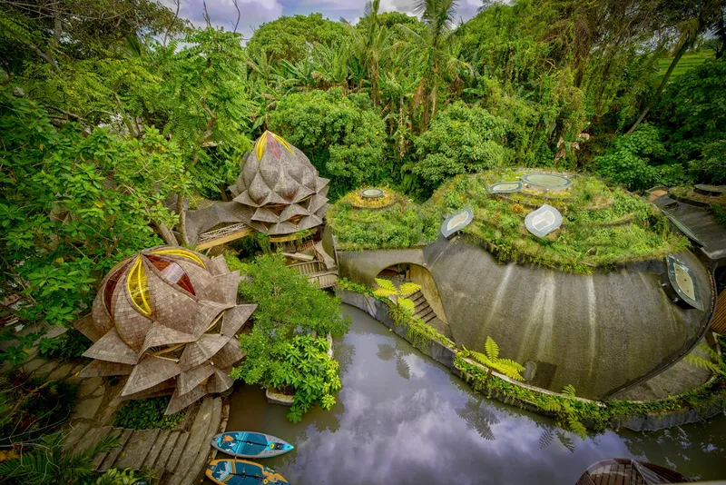 Aerial view of planted roofs forming curved organic shapes around reflecting pools in dense jungle vegetation