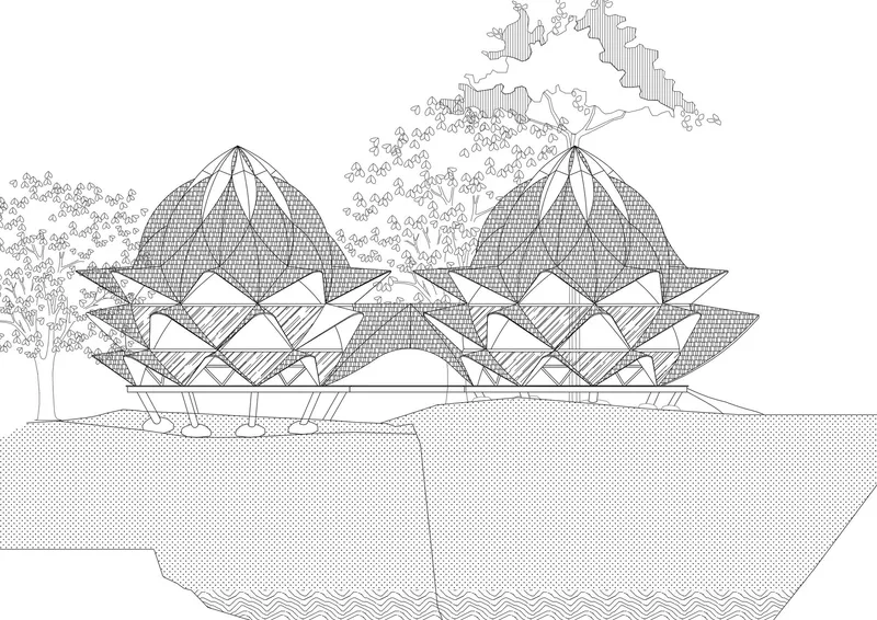 Section drawing showing two petal-shaped domes above folded shell structures and tree planting