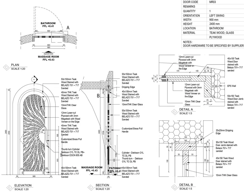 Elevation and section drawings of arched teak wood door with hexagonal glass panel