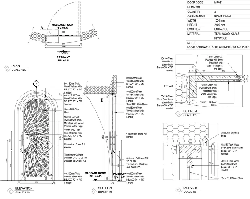 Elevation and section drawings of arched entrance door with teak wood and clear glass