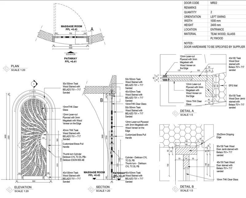 Elevation and section drawings of arched teak door with curved glass panel pattern