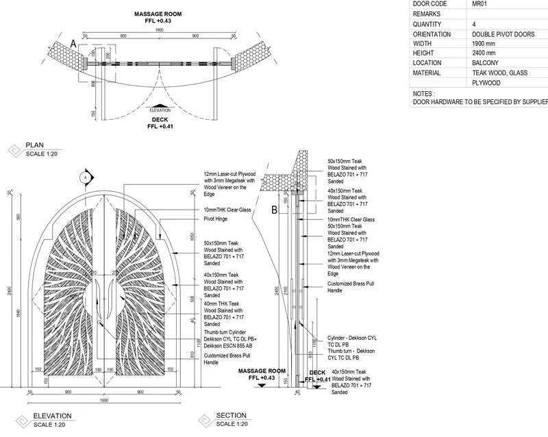 Plan, elevation and section drawings of arched double doors with hexagonal tile pattern and brass hardware