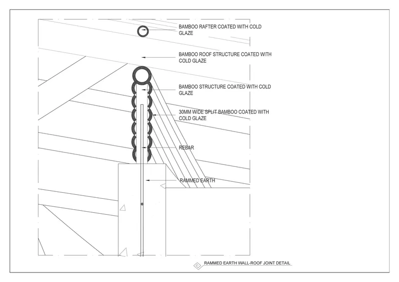 Section detail drawing of bamboo roof structure meeting rammed earth wall with cold glazed rafters