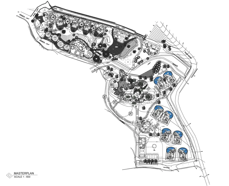 Site plan drawing showing landscape with pathways and blue-highlighted pod structures distributed across terrain