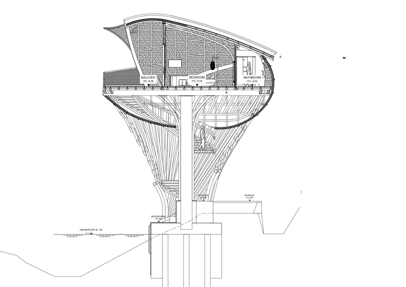 Section drawing of an elevated pod structure on a central column with labeled interior spaces