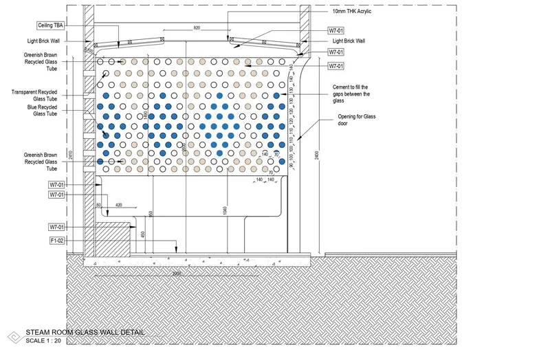 Section detail drawing of recycled glass tube wall with blue and transparent tubes set in acrylic