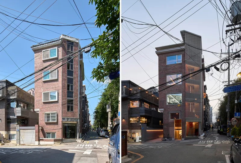 Before and after street corner views showing the building under daylight and illuminated at dusk