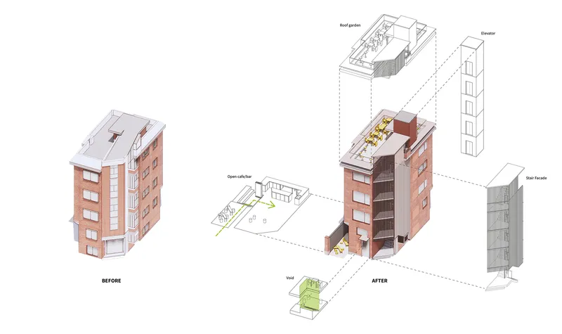Axonometric drawing showing the building before and after renovation with added vertical circulation tower