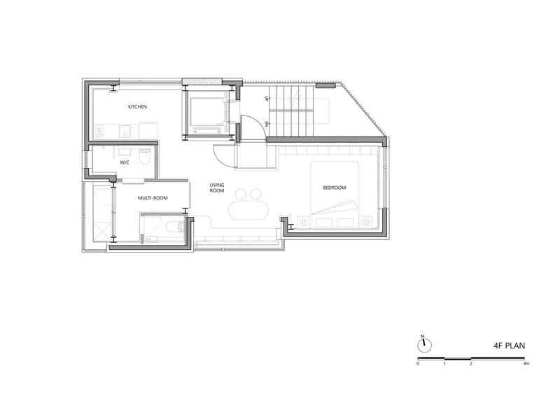 Fourth floor plan drawing showing kitchen, living room, bedroom and multi-room with bathroom