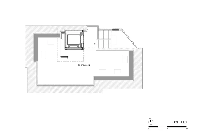 Roof plan drawing showing roof garden area with stair access and skylight