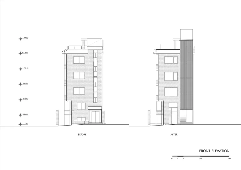 Front elevation drawing comparing before and after states of the five-storey building