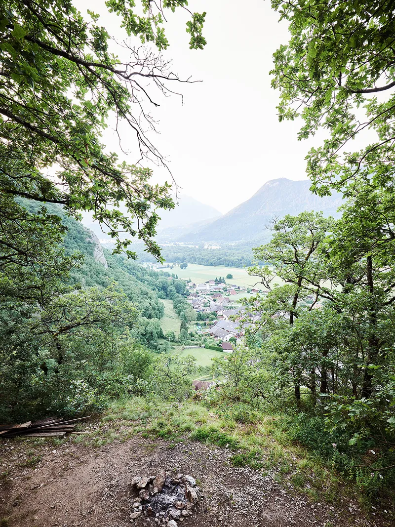Valley view framed by tree branches overlooking a village and mountain in overcast light