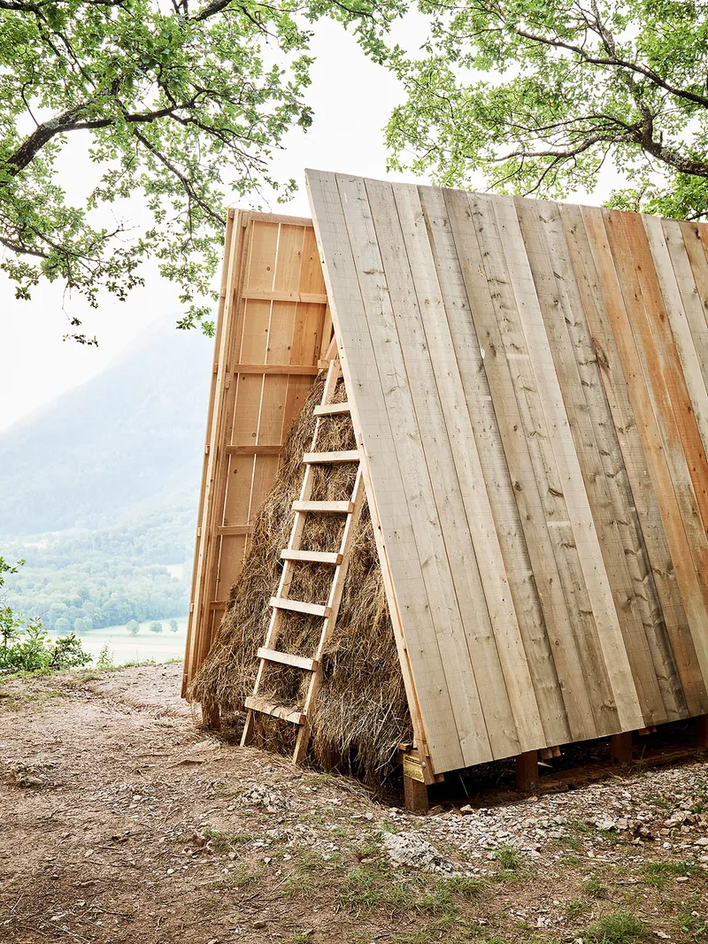 Triangular timber pavilion with vertical wood cladding and straw infill beneath a canopy of spring foliage