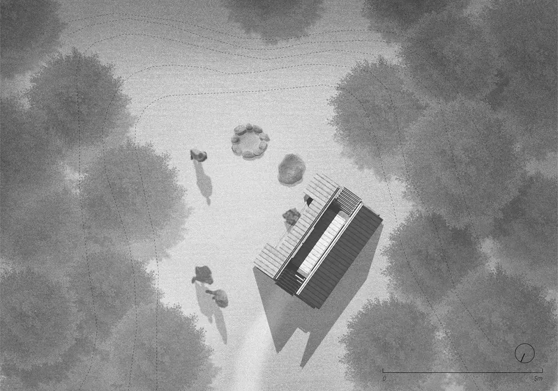 Site plan drawing showing the pavilion footprint with deck and surrounding trees in a clearing