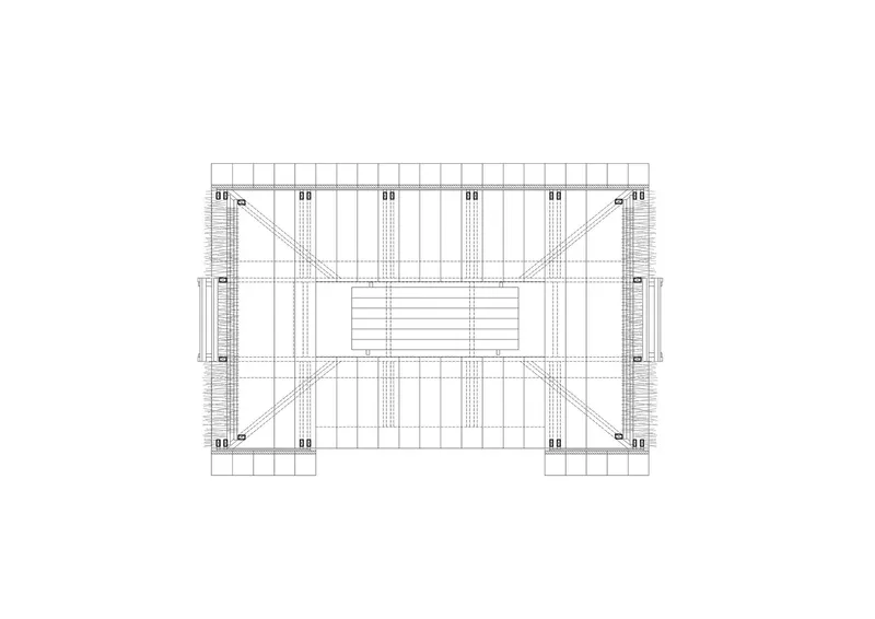 Floor plan drawing showing the rectangular deck with central stair and timber structural grid