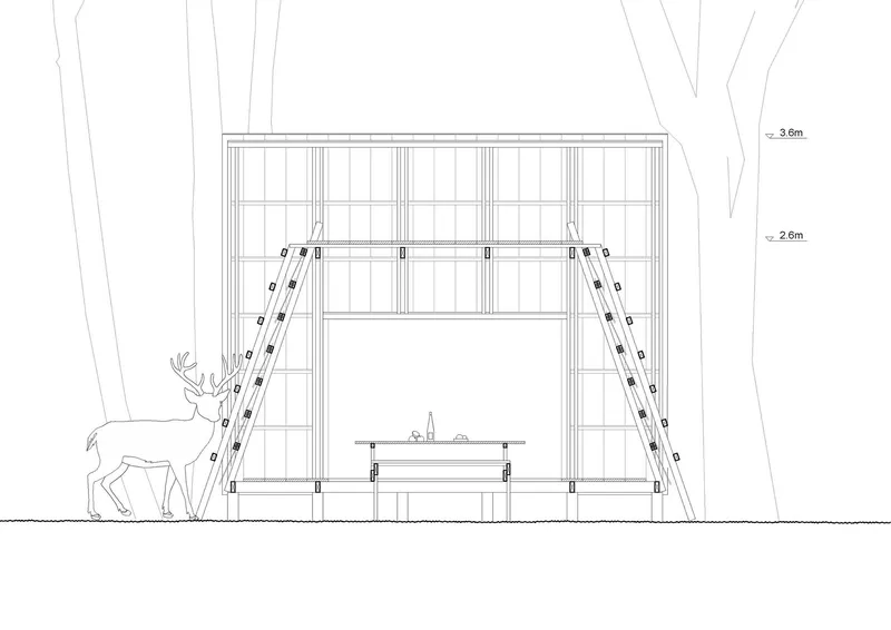 Elevation drawing showing the A-frame structure with platform, ladder, and deer at ground level