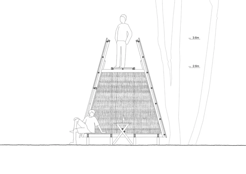 Section drawing showing a triangular timber structure with two figures and dimensional annotations