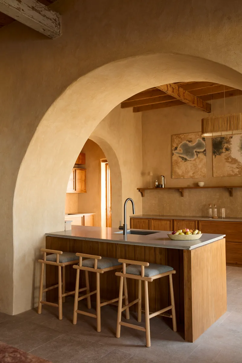 Kitchen island with three timber stools beneath a sequence of plastered arches