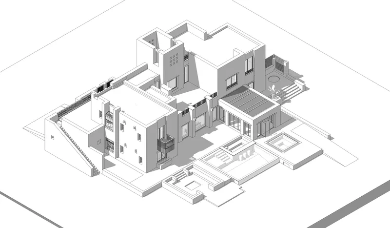 Axonometric drawing showing a multi-level residence with courtyards and flat rooftops