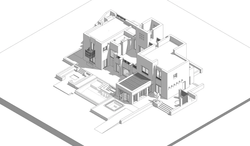 Axonometric drawing from the opposite angle revealing stepped terraces and interior volumes