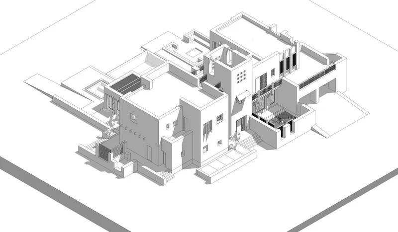 Axonometric drawing highlighting the massing of interconnected volumes with varying heights