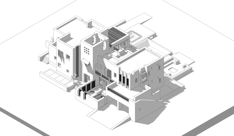 Axonometric drawing exposing the central courtyard and surrounding room arrangements