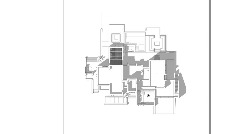 Floor plan drawing showing the layout with a central courtyard and surrounding spaces