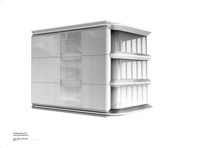 Axonometric drawing revealing layered facade with vertical corrugated panels and recessed vertical slat screens