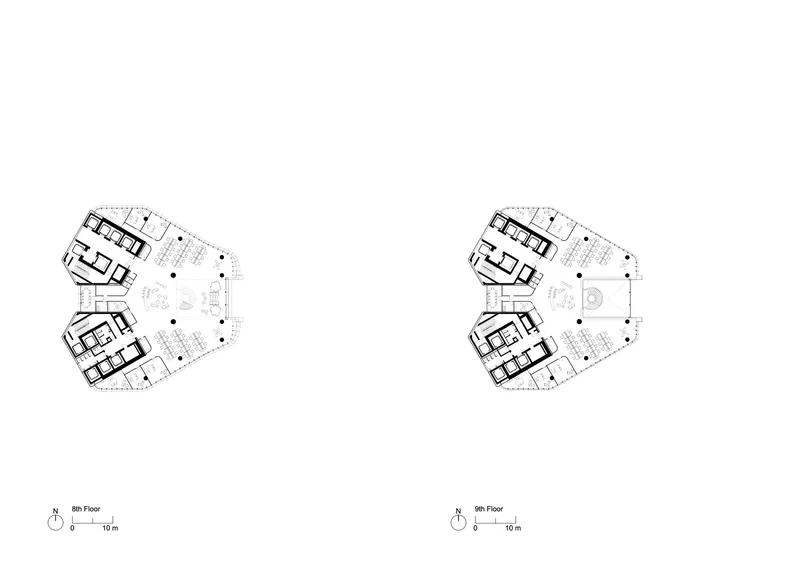 Floor plan drawing of the eighth level showing two pentagonal volumes with interior rooms